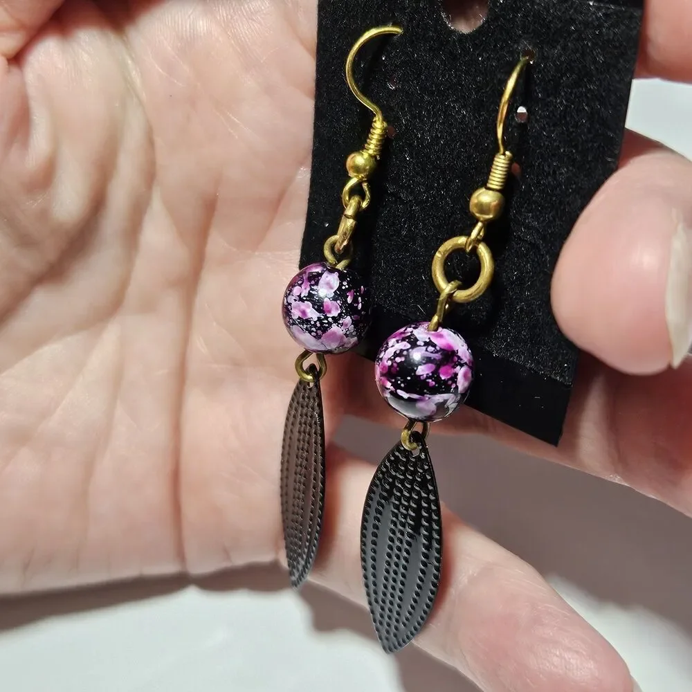 Gold Tone Purple Bead Black Metal Dangling Earrings